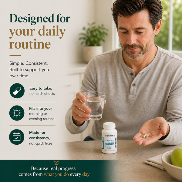 Man taking supplements with a glass of water, surrounded by text about product features.
