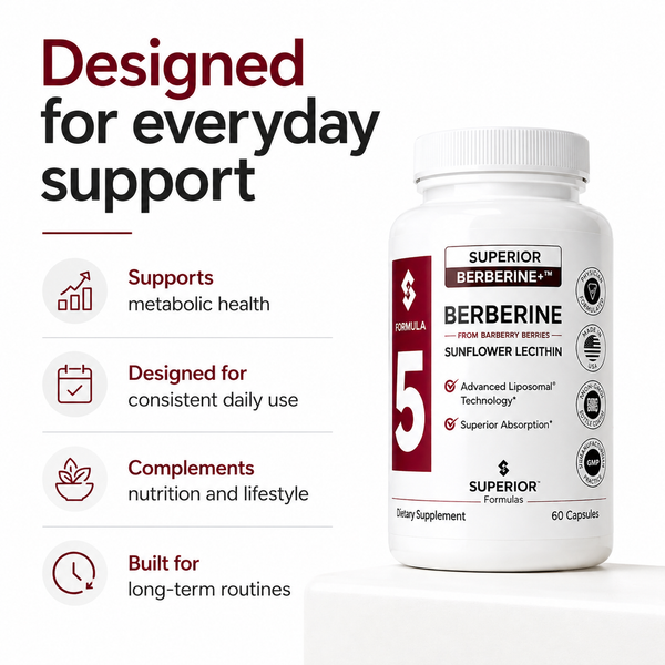 Supplement bottle with text highlighting benefits on a white background
