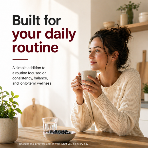 Woman holding a mug in a kitchen with text about daily routine and wellness.