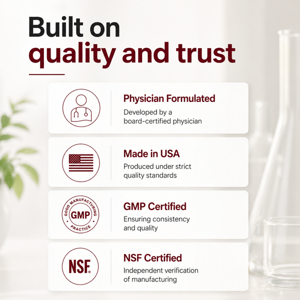 Product packaging with quality and trust certification text and logos.
