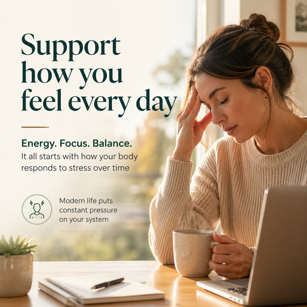 Woman holding a mug with text about stress management and energy balance.