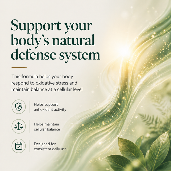 Advertisement for a product to support the body's natural defense system with greenery and text on a light background.