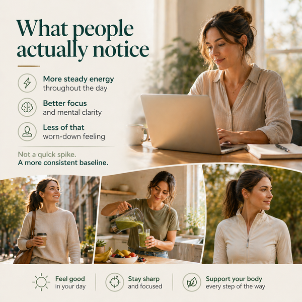 Woman using a laptop with text about steady energy, focus, and mental clarity.