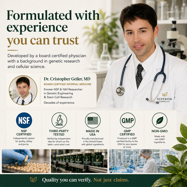 Advertisement featuring a doctor with a stethoscope, product packaging, and certification logos in a laboratory setting.